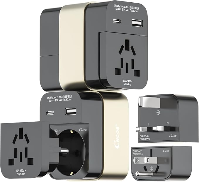Universal Travel Adapter, 2500W Power Rating, International Plug Set, Dual Type-C Fast Charging Ports