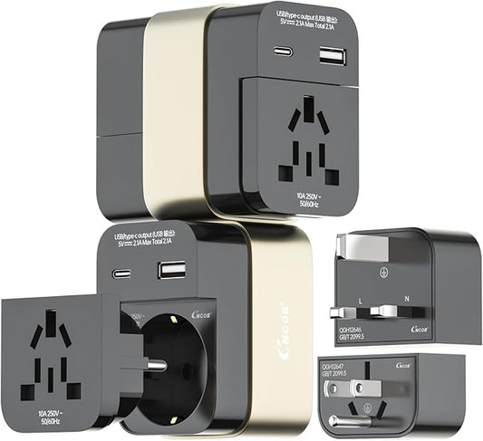 Universal Travel Adapter, 2500W Power Rating, International Plug Set, Dual Type-C Fast Charging Ports