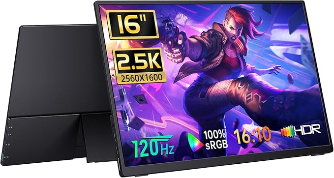Portable Monitor Gaming 2.5K 120Hz, 16" 2560x1600 QHD 16:10 400 Nits HDR FreeSync Portable Monitor w/Speaker Sleeve Case, External Screen for PC Laptop Game Console