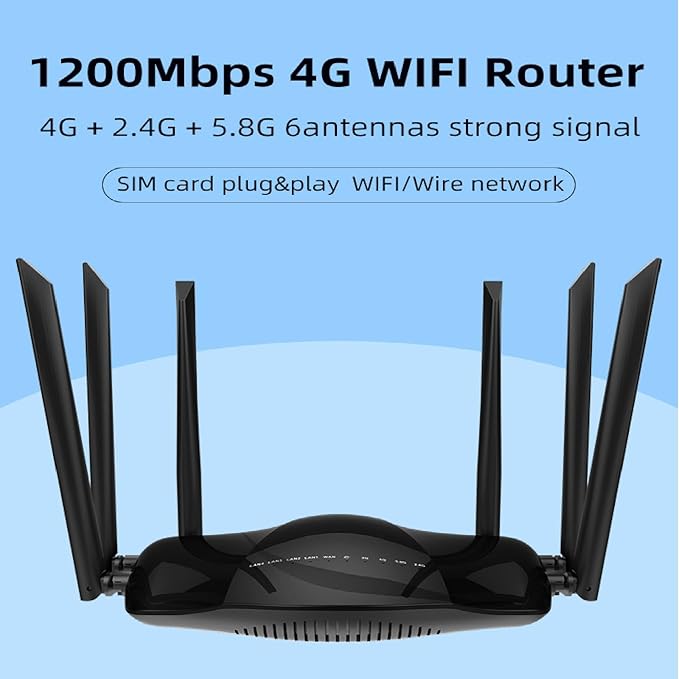 Dual Band 4G LTE Router with SIM Card Slot Unlocked Modem, 1200Mbps Mobile Hotspot Support AT&T and T-Mobile, 6-Antenna Wireless Wi-Fi Router