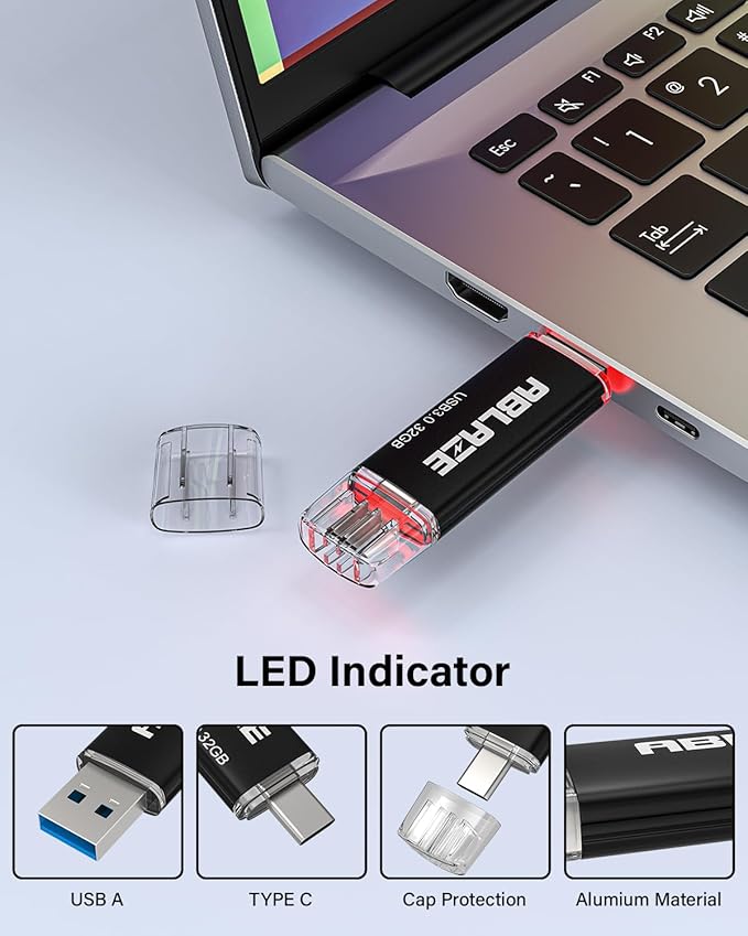 ABLAZE Type C Flash Drive 32GB, Dual USB 3.0+ USB C Flash Drive Compatible with iPhone 16/15,Android Smartphone,Computer,Tablet Mac Laptop