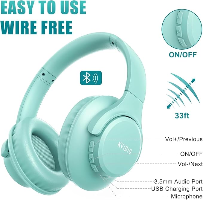KVIDIO Bluetooth Headphones Over Ear, 65 Hours Playtime Wireless Headphones with Microphone, Foldable Lightweight Headset with Deep Bass, HiFi Stereo Sound Low Latency for Travel Work Cellphone