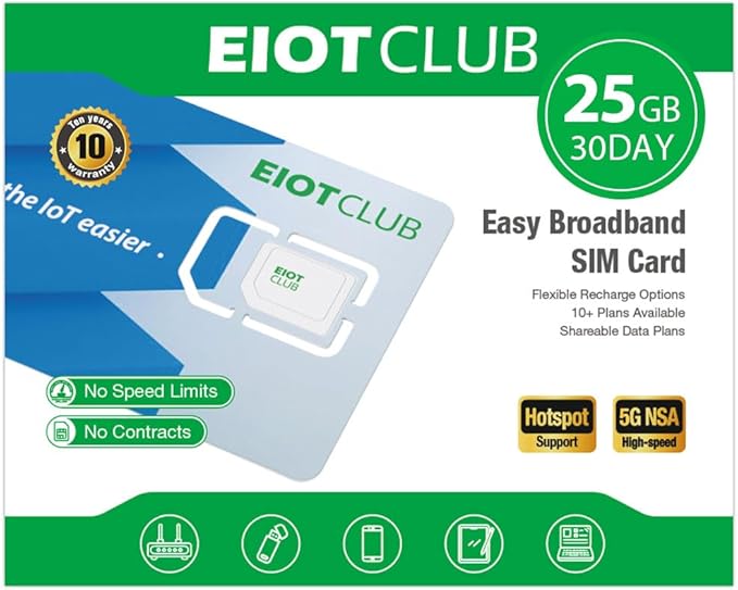 EIOTCLUB Data Only SIM Card - 25GB/30Day | USA Coverage, 5G/4G LTE SIM Card Works with Routers, WiFi Hotspots, Laptops, Tablets, Phone, 3-in-1 SIM (No Contract)