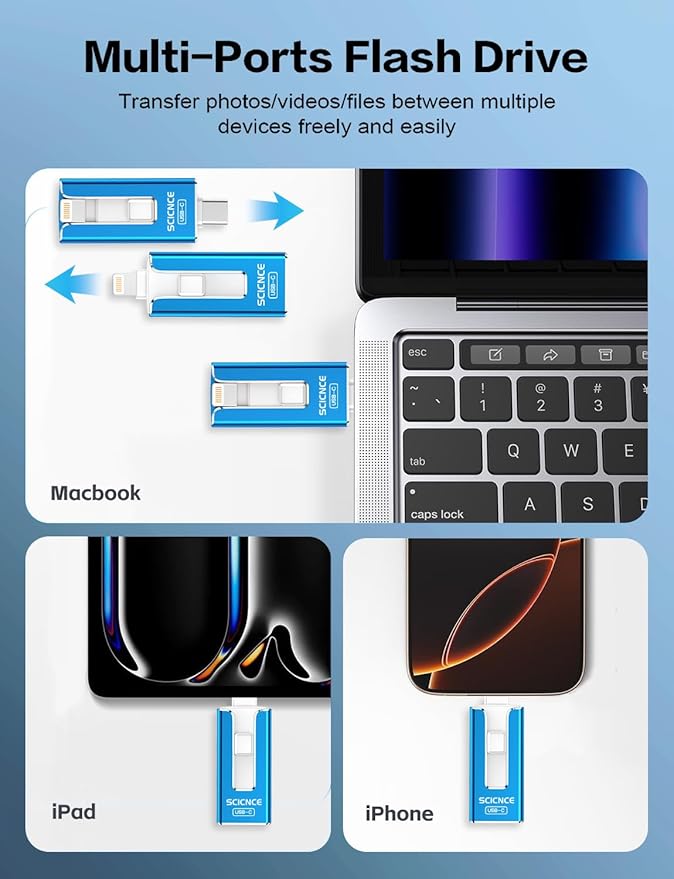 SCICNCE 512GB Flash Drive Intended for iPhone, USB Memory Stick Storage Backup for Photos Videos, Plug and Play No APP Required, Compatible with iPhone iPad Android and Computers (Bule)