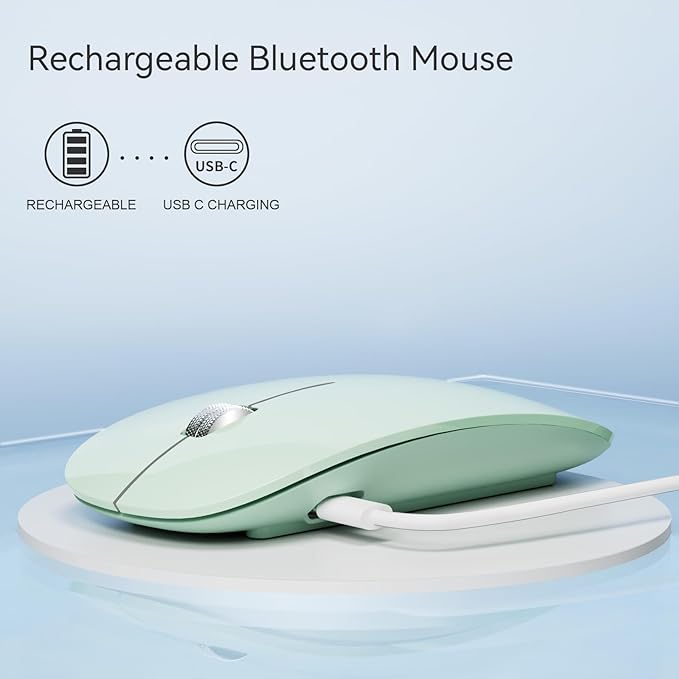 TENMOS M18 Bluetooth Mouse, USB C Rechargeable Wireless Mouse, Triple Mode (Dual Bluetooth+USB) Computer Silent Mice Portable with USB Receiver and Type C Adapter for Laptop/MacBook/iPad/PC - Green
