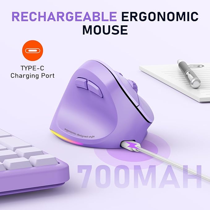 MEETION Left-Handed Mouse, Ergonomic Mouse Wireless Vertical Mouse, RGB Rechargeable Mice for Bluetooth(5.2 + 3.0) & USB-A with Type-c Adapter 4 Adjustable DPI for Mac/Windows/PC/Tablet/iPad Purple