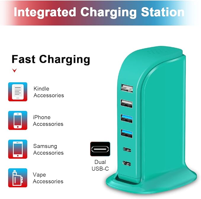 USB Charger Block Upoy, Charging Station for Multiple Devices Apple, USB Hub Power Strip Multiple Ports, Power Block Adapter for Phone, Tablet, Ear Buds, C Charger Block with 5ft Extension Cord