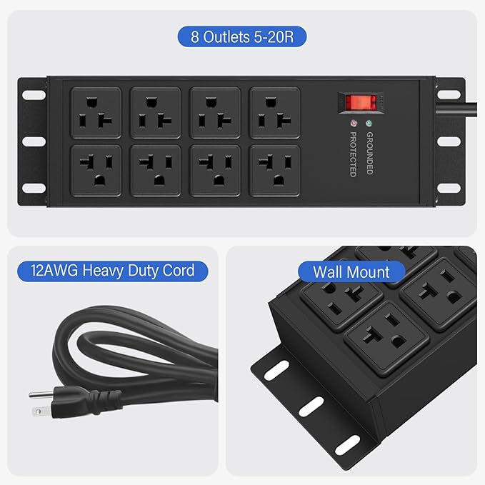 CCCEI Magnetic Heavy Duty Power Strip Surge Protector 20Amp, 12 Gauge High Amp Extension Outlets, Garage Wall Mount 8 Plug Metal Power Strip. 15FT, Black, 5-15P Adapter 6-20R T-Slot 20a for Appliance