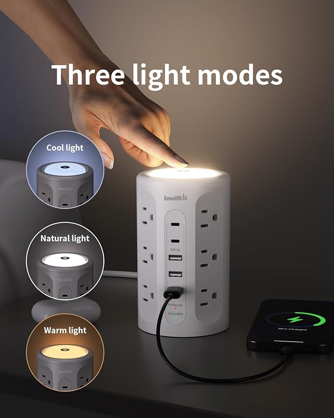 Surge Protector Power Strip Tower with 5 USB Ports and Night Light,10FT Extension Cord with 12 AC Multiple Outlets (White)