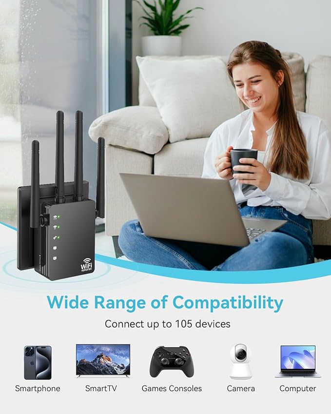 WiFi Extender Signal Booster Covers 12880 Sq.ft, WiFi Extender for Home and Outdoor, Compatible with 105 Devices, Dual Band 5GHz/2.4GHz, WiFi Repeater Range Extender
