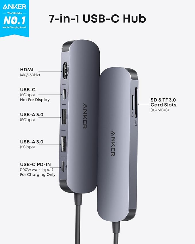 Anker USB C Hub, 7-in-1 Multi-Port USB Adapter for Laptops, 4K@60Hz USB C to HDMI Splitter, 85W Max Power Delivery, 3xUSBA & C 3.0 Data Ports, SD/TF Card, for Type C Devices (Charger Not Included)