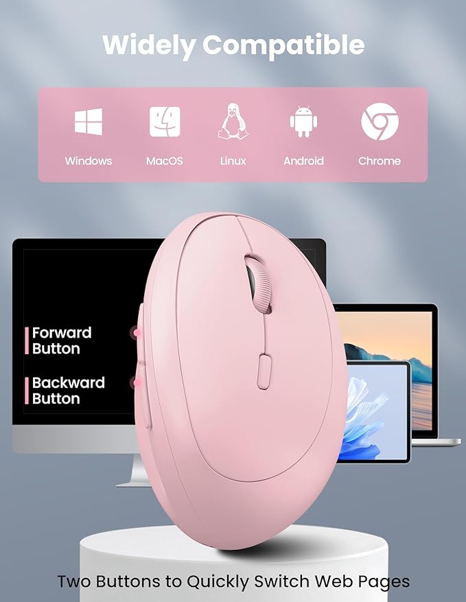 TECKNET Ergonomic Mouse, Bluetooth Wireless Vertical Mouse, Rechargeable Battery, Quiet Clicks, 4800 DPI Adjustable, BT5.0/3.0 & 2.4G Connect, Easy to use, Wide Compatibility - Pink