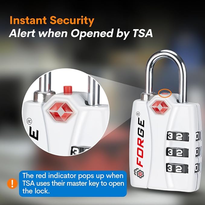 Forge Luggage Locks TSA Approved Locks, Small TSA Locks with Zinc Alloy Body, Open Alert, Easy Read Dials, for Travel Suitcase, Bag, Backpack, Cases, Lockers. White 2 Locks.