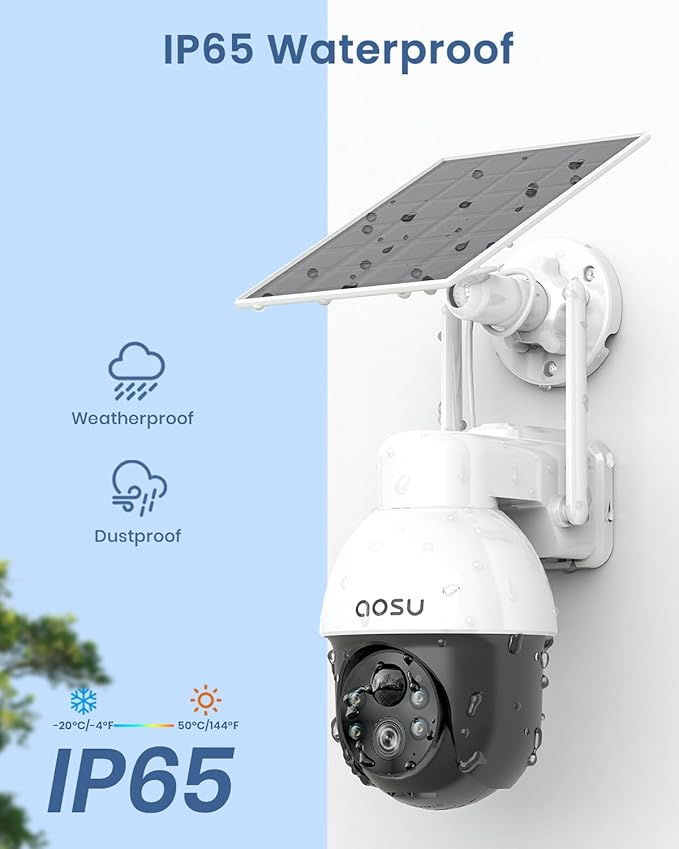 AOSU Solar Security Camera Wireless Outdoor with Panoramic PTZ, Human Auto Tracking, 2K Night Vision, Light and Sound Alarm, 2-Way Audio, Compatible with Alexa/Google Assistant