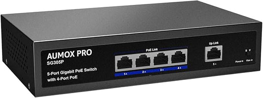 5 Port Gigabit PoE Switch,AUMOX PRO SG305P 4 Port PoE Gigabit Ethernet Unmanaged with 1 Uplink Gigabit Ports 78W,Plug and Play,Sturdy Metal Fanless Vlan Network Switch 802.3af/at,Desktop or Wall Mount