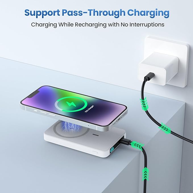 Magnetic Portable Charger Power Bank,Compact 10800mAh LCD Display Wireless Portable Charger,20W PD USB-C in&Out Battery Pack Compatible with Magsafe,iPhone 15/15 Pro Max/14/13/12 Series-White