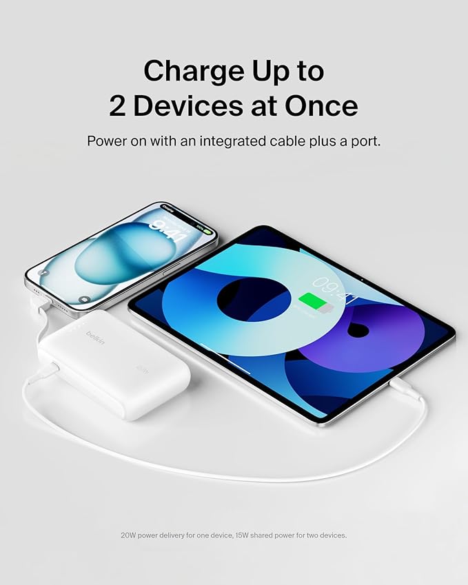Belkin Portable Charger, Power Bank with Integrated Cable 10000 mAh 20W - Fast Charge USB C Power Delivery, iPhone Charger - iPhone 17, Air, Pro, Pro Max, iPad, Galaxy S25, & More - White