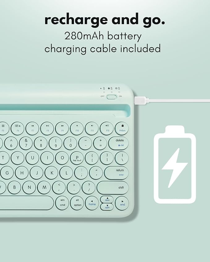 Macally Bluetooth Keyboard for Tablet | Wireless Keyboard for iPad mini/Air/Mini, iPhone (Multi-Device, Built-in Stand, Rechargeable) Easy to Use and Cute Portable - Mint Green