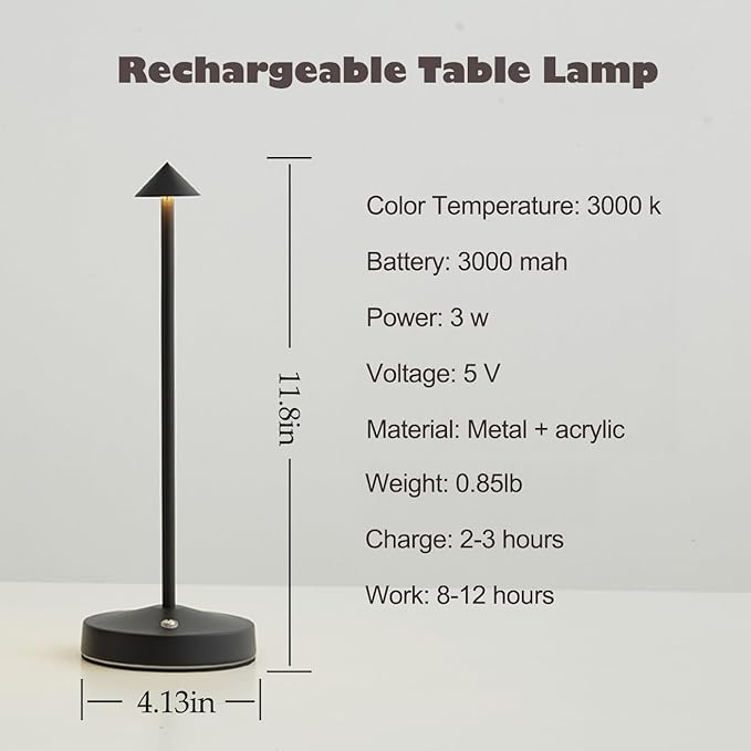 Rechargeable Cordless Table Lamp,Modern Black Battery Operated Table lamp,Portable LED Touch 2 Levels Brightness Dimmable Bar Lamp,Battery Powered Lamp for Bars,Restaurant,Living Room
