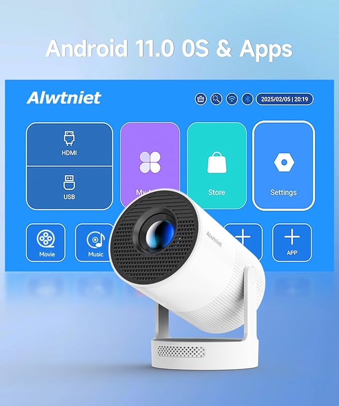 【Electric Focus】Mini Projector with WiFi 6 and Bluetooth 5.4, Smart Portable Projector 4k Support, 5W Soundbase Speaker, Auto Keystone 180° Rotation, Home Outdoor Movie Proyector HY300Ultra