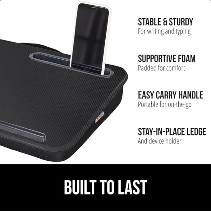 GORILLA GRIP Laptop Lap Desk with Phone Holder, Pillow Cushion Desks Fit Laptops up to 15.6", Tray Ledge Keep Computers in Place, Portable Travel Workstation Essentials for Home, Dorm Room, Black