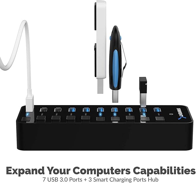 SABRENT 10-Port USB 3.0 Hub, Individual Power Switches and LEDs, 3 Smart Charging Ports, 60W Power Adapter, for PC, Mac, Xbox, PS5, Laptop, Desktop, USB Devices (HB-B7C3)