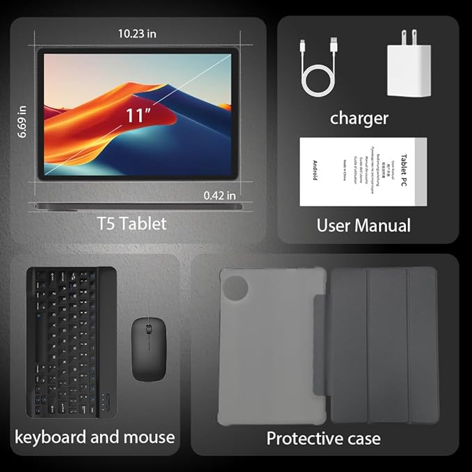 HUIHUANG Tablet 11 inch Android 15 Tablets, 20GB RAM 128GB ROM 1TB Expand, Octa-Core Processor, 8000mAh Battery, 1280x800 LCD Touch Screen, WiFi 5, Dual Camera, BT5.0 (Black)