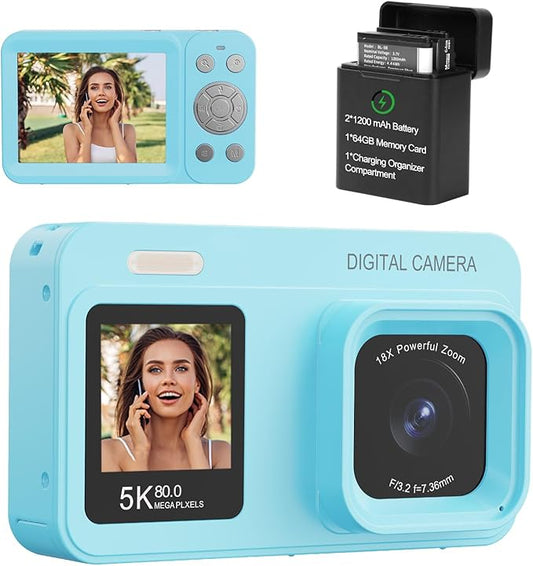 Upgraded 5K Dual Screen Digital Camera,80MP Vlog Photography Camera for YouTube,Campus,Travel,Compact Point & Shoot Camera for Teens & Beginners with Autofocus,18x Zoom,Anti-Shake,Blue