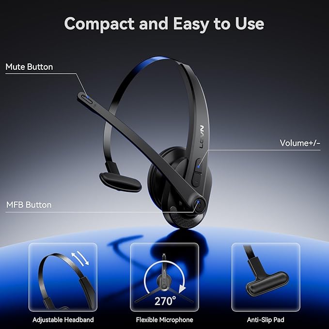 LEVN Wireless Headset with Mic for Work, Bluetooth Headset with Microphone-AI Noise Cancelling, Single-Ear Wireless Headphones with Mic & USB Dongle for PC/Computer/Call Center/Laptop/Teams/Zoom/Home