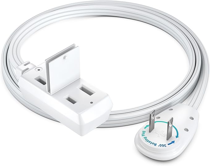 Maximm 2ft Extension Cord – 2-Prong Flat 360° Rotating Plug – Compact Short Extension Cable – Ideal for Tight Spaces – UL Certified – White