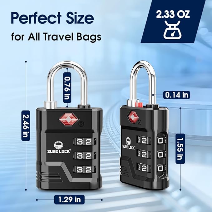 SURE LOCK TSA Locks for Luggage, TSA Approved Luggage Locks with Open Alert, 008 Key for High Security, Easy Read Dials, Zinc Alloy Body, Locker Lock for Suitcase, Gym, Travel. (Black 1 pk)