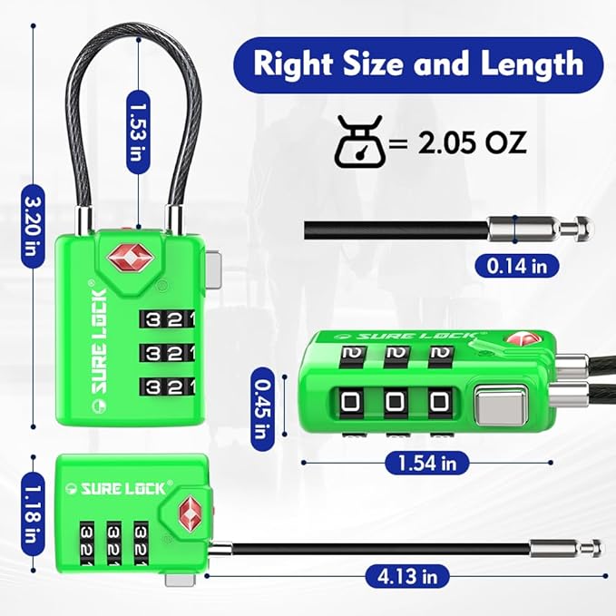 SURE LOCK TSA Compatible Travel Luggage Locks, Inspection Indicator, Easy Read Dials TSA Approved with Zinc Alloy Green 4PACK