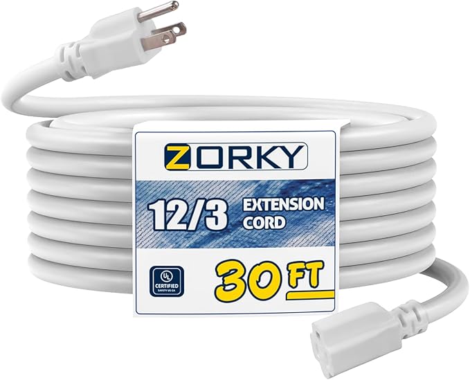 30ft Indoor Outdoor Extension Cord - 12/3 SJTW Heavy Duty Extension Cable with 3 Prong Grounded Plug for Safety -15Amp 1875W White Electric Cord Great for Garden, Appliances
