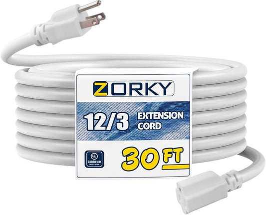 30ft Indoor Outdoor Extension Cord - 12/3 SJTW Heavy Duty Extension Cable with 3 Prong Grounded Plug for Safety -15Amp 1875W White Electric Cord Great for Garden, Appliances