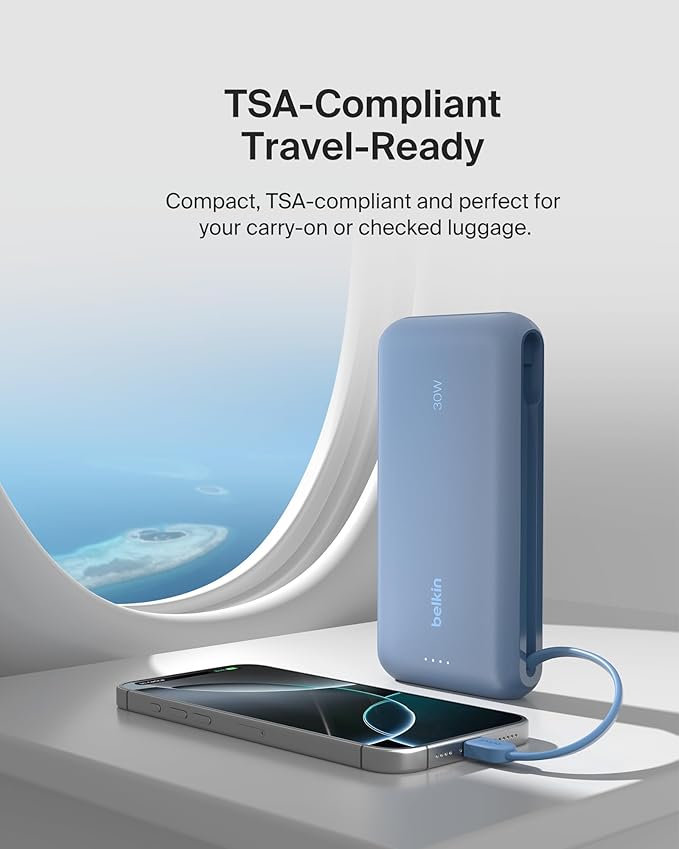 Belkin Portable Charger, Power Bank with Integrated Cable 20000 mAh 30W - Fast Charging USB C Power Delivery, iPhone Charger - iPhone 17, Air, Pro, Pro Max, iPad, Galaxy S25, & More - Blue