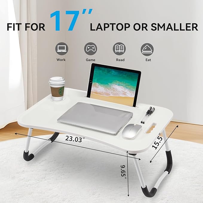 BUYIFY Folding Lap Desk, 23 Inch Portable Wood White Laptop Bed Desk Lap Desk with Cup Holder, for Working Reading Writing, Eating, Watching Movies for Bed Sofa Couch Floor
