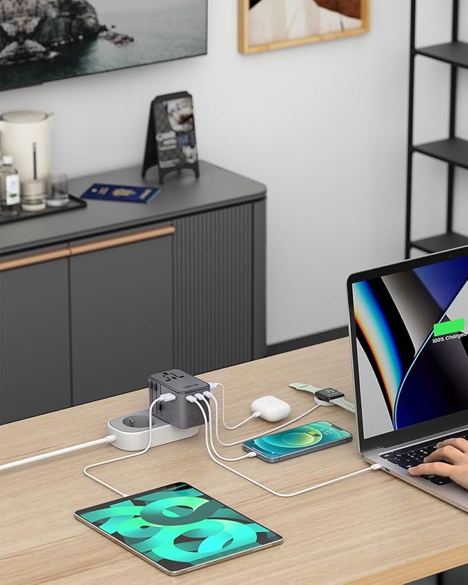 Universal Travel Adapter, VINTAR 75W GaN International Power Adapter with 3 USB C PD and 2 USB A QC, All in One Travel Essentials for UK/EU/USA/AUS, Travel Adapter Worldwide for Laptops Phones, Grey