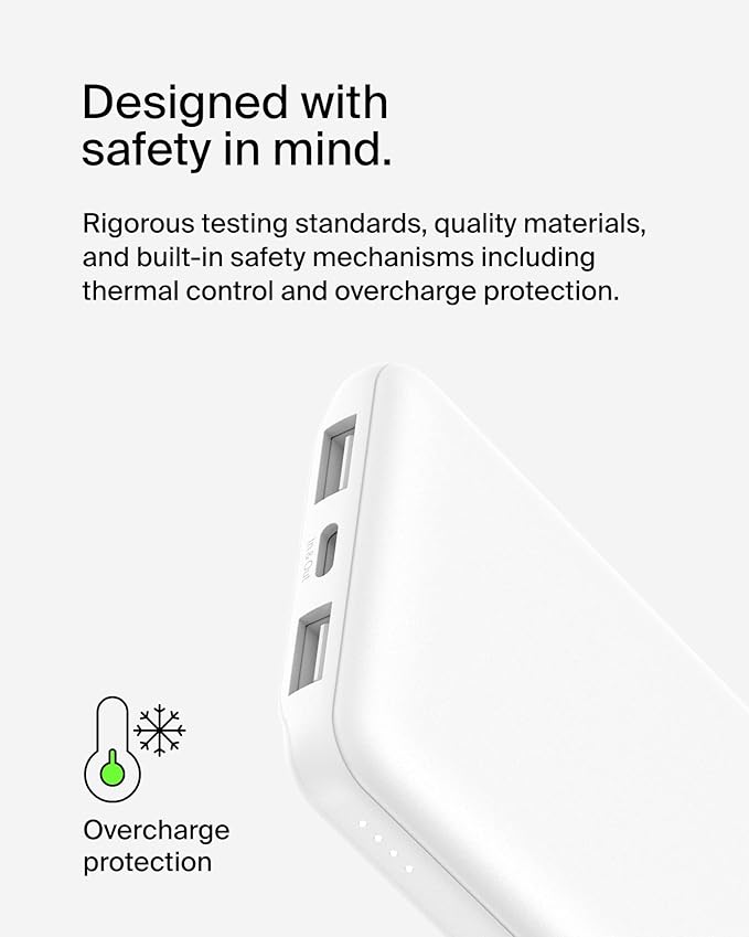 Belkin Portable Charger, USB-C Power Bank 10000 mAh w/ 1xUSB-C Port & 2xUSB-A Ports, 15W w/Type-C to Type-A Cable for iPhone 17, Samsung Galaxy S25, Nintendo Switch 2, Google Pixel 10, etc. - White
