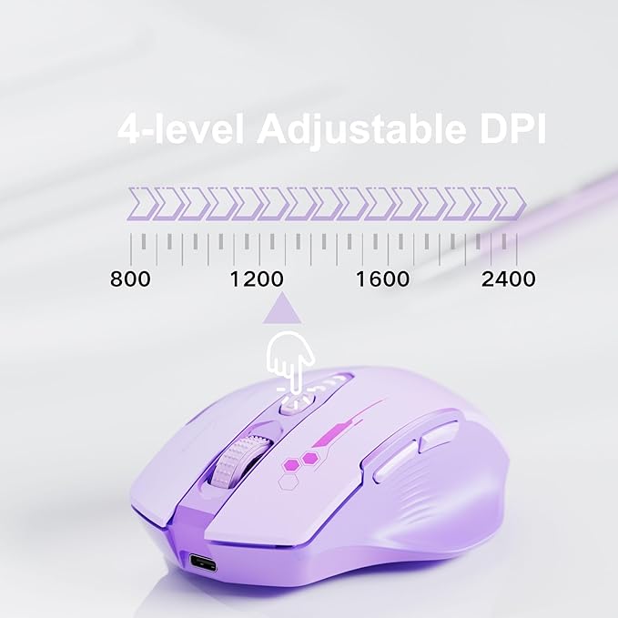 Wireless Bluetooth Mouse,[Upgraded] Rechargeable Computer Mice (BT 5.0/4.0+2.4G Hz) with Visible Battery Level, 4 Adiustable DPl, Portable PC Mouse for MacBook Chromebook,Purple