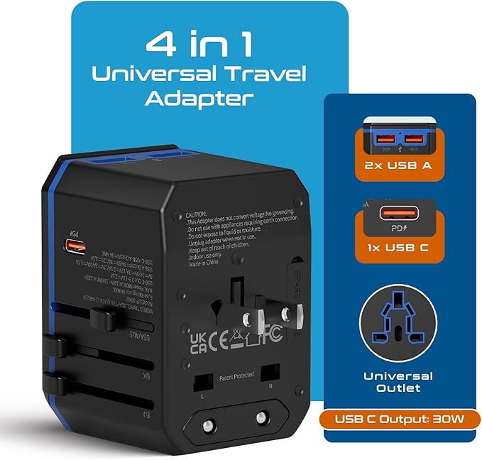 Ceptics International Power Adapter, World Travel adapter w/ PD 30W USB-C - 2 USB-A Ports Universal Adapter, Type A C G I Output for worldwide use, UP-10KU