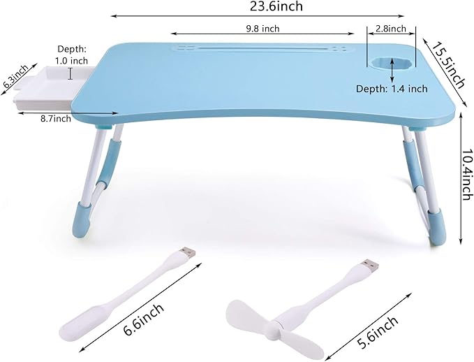 Slendor Lap Desk with Tablet Slot, Foldable Laptop Table with Storage Drawer for Bed，Portable Bed Desk for Laptop, Computer Tray with Cup Holder Notebook Stand Reading Holder for Couch Floor, Blue
