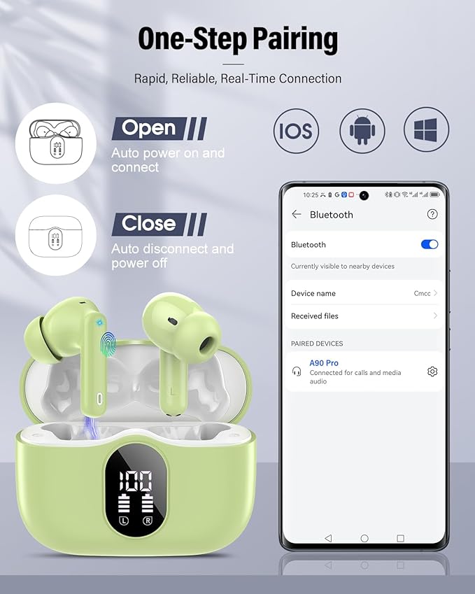 Wireless Earbuds, Bluetooth 5.4 Headphones Bass Stereo, Ear Buds with Noise Cancelling Mic, LED Display in Ear Earphones Clear Calls, IP7 Waterproof Bluetooth Earbuds for Laptop/Phones, Grass Green