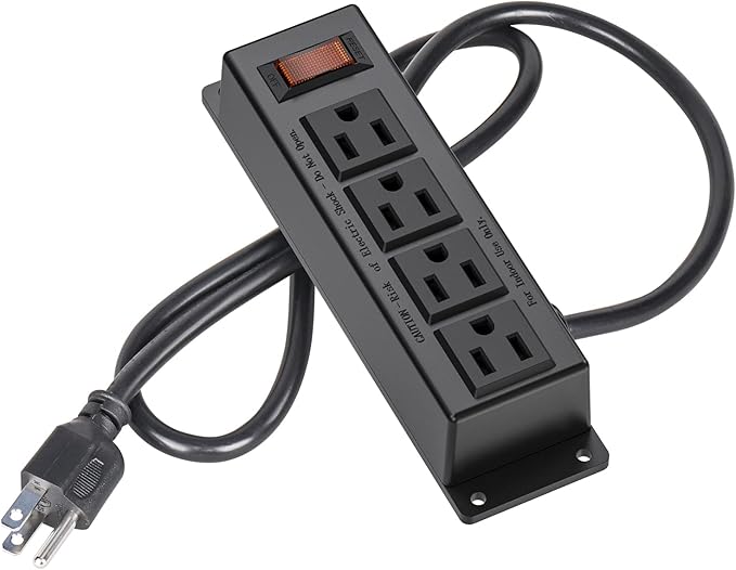 Wall Mount Power Outlet Strip, 4 Outlet Mountable Power Strip with Switch, 3ft Cord Under Desk Power Strip for Office/Industrial/Home, Flat Plug, Black