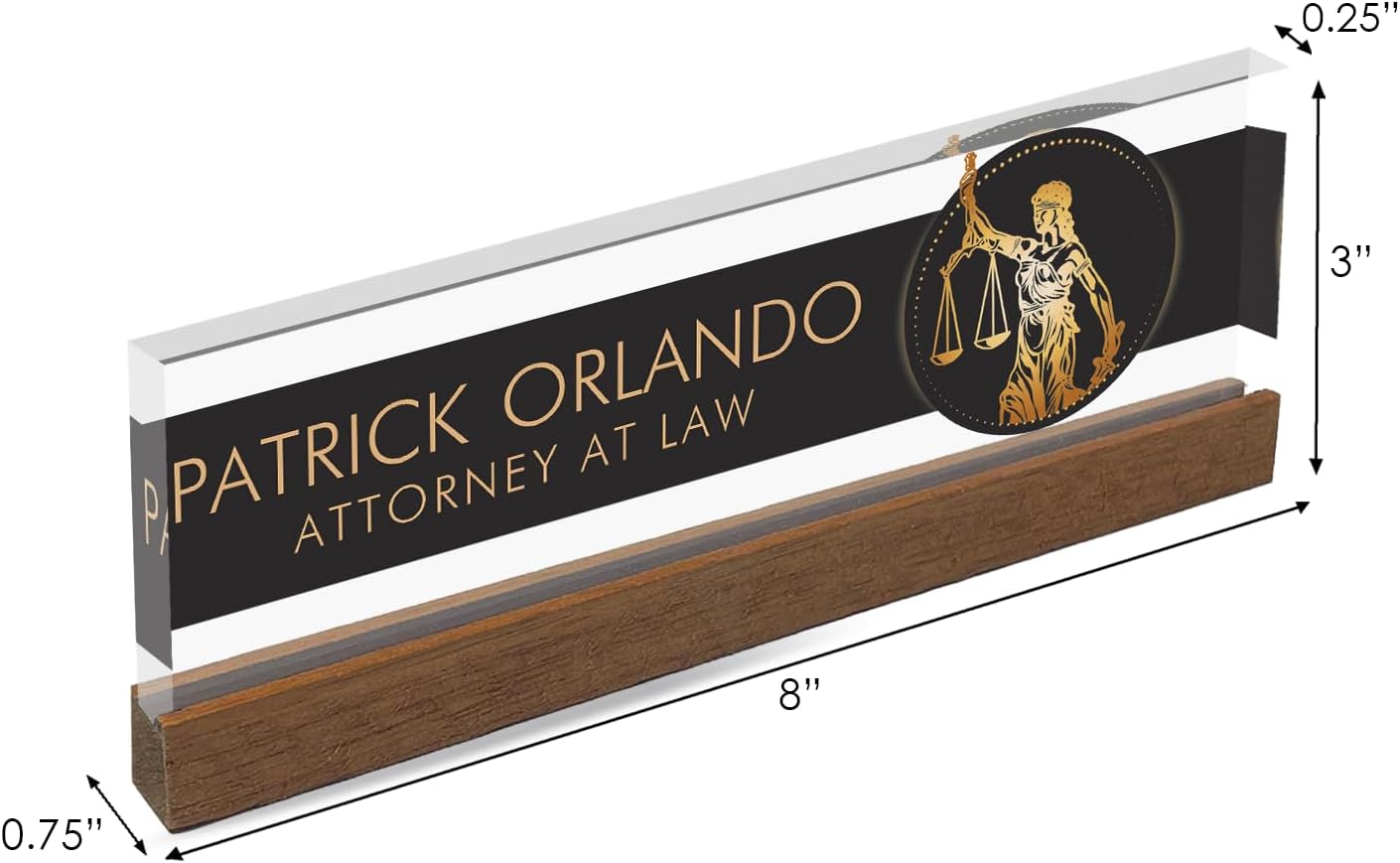Artblox Personalized Office Desk Name Plate and Business Card Holder | Clear Acrylic Glass with Teak Wood Stand | Lawyer Design Customized with Your Name and Credentials Office Desk Decor