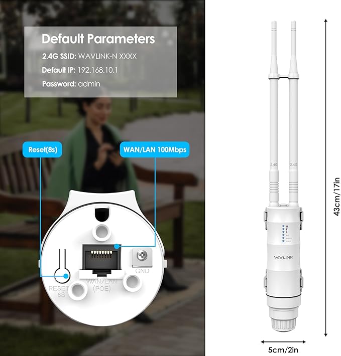 N300 Outdoor WiFi Extender Signal Booster, WAVLINK Access Point/Repeater/Range Extender with Passive PoE, 15KV ESD, 4KV Lightning Protection, Support AP/Repeater/Router Mode for Farm,Yard
