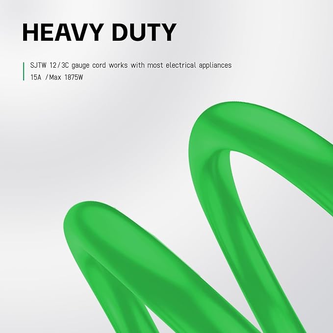 EP 15 Ft Outdoor Extension Cord, 12/3 SJTW Heavy Duty Waterproof Power Cable, 3 Prong Grounded Plug, Lighted End, for Lawn, Garden, Appliances, Green