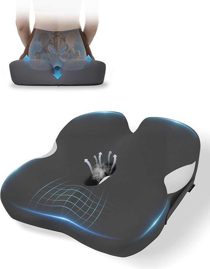 Tailbone Pain Relief Cushion, 18.5" x 16.5" Extra Large Memory Foam Cushion for Office Chair for Hip Support, Long Sitting Breathable Car Seat Cushion for Home, Work, Driving