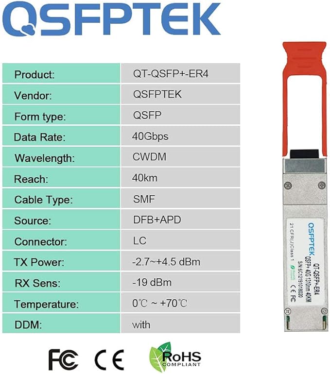 QSFPTEK 40GBASE-ER4 QSFP+ Module, 40 Gigabit LAN, SFP MINI GBIC, 1310nm 40km DOM LC SMF Optical Transceiver for Mellanox MC2210511-ER4