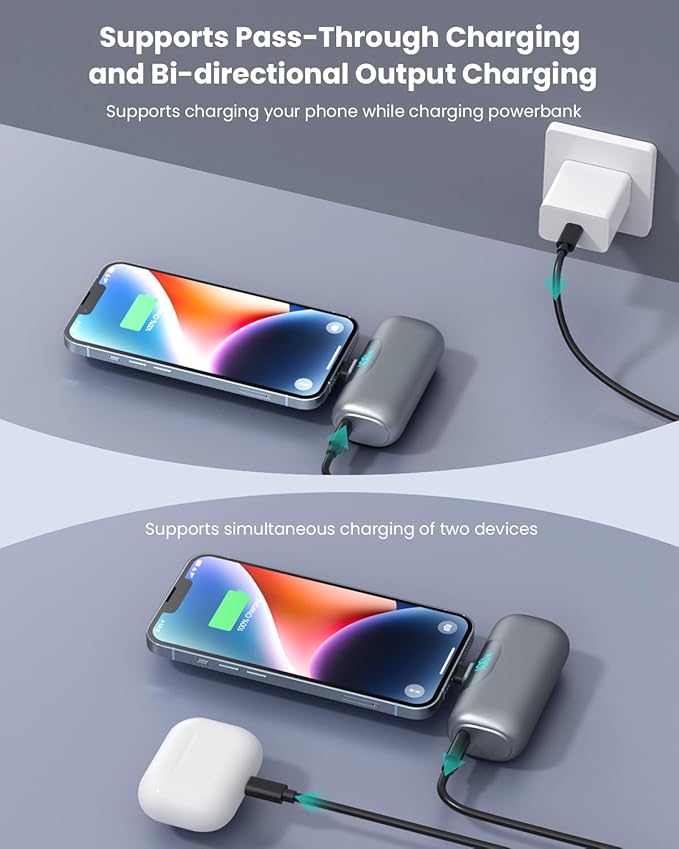 Mini Portable Charger for iPhone,Upgraded 22.5W PD Fast Charging 5500mAh Ultra-Compact Power Bank,LCD Display Plug-in Cute Battery Pack Travel Essentials for iPhone 14/14Pro/13/12/11/X/8/7/6 (Silver)