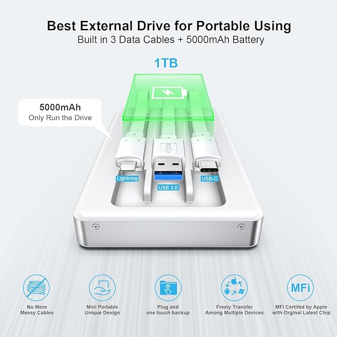 ySky Portable External Hard Drive for iPhone iPad MacBook Computer,1TB Photo Stick USB Storage Device for Memory Extension of iOS & USB C Android Phones& Windows PC【MFi Certified,One-Touch Backup】